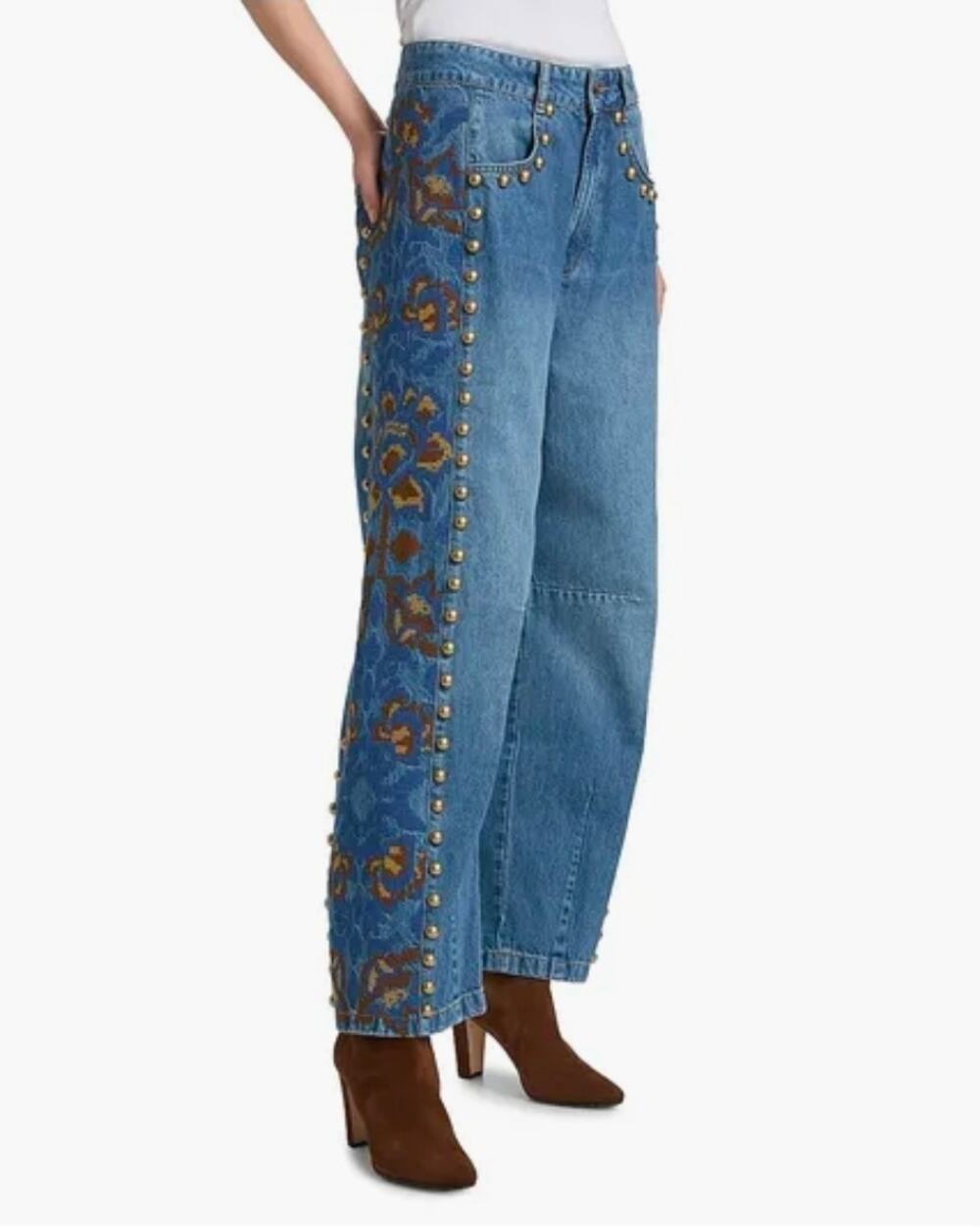 Farm Rio Embroidered studded wide leg jeans size 33